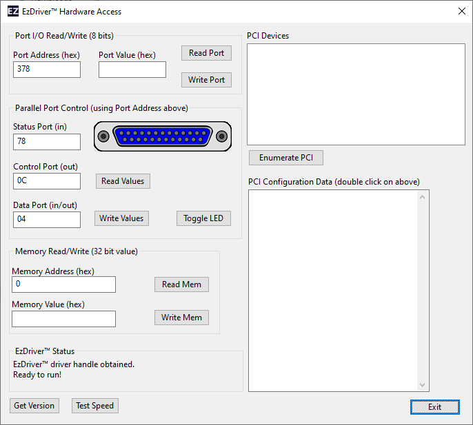 EzDriver hardware access dialog